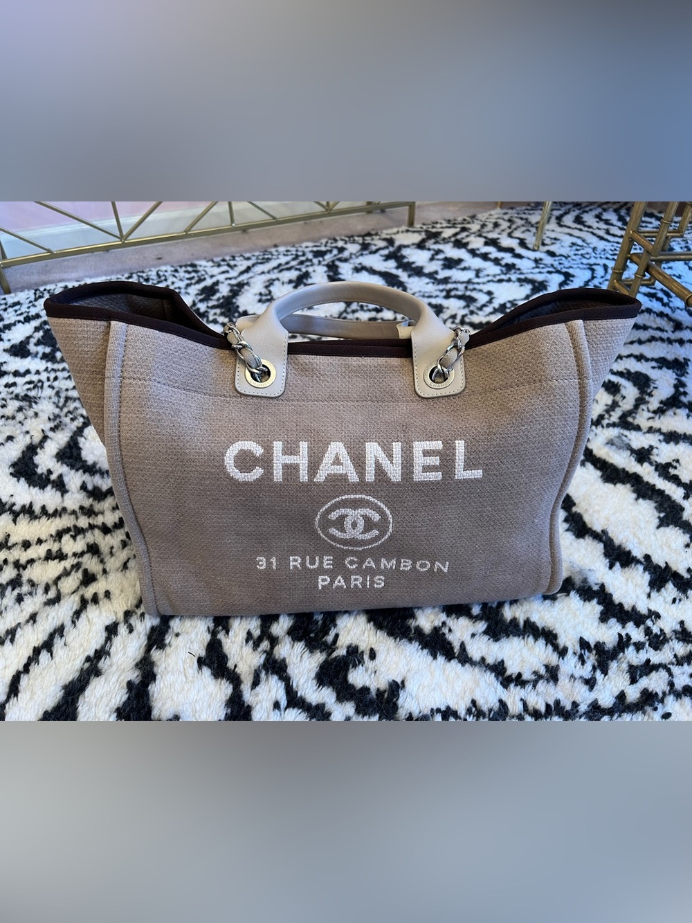 CHANEL Danville Beige Canvas Tote with White Logo